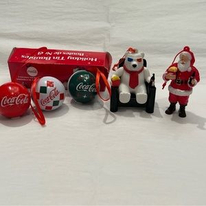 COCA-COLA Cineplex Santa Claus Ornaments Holding Popcorn + 3 Tin Holiday Baubles